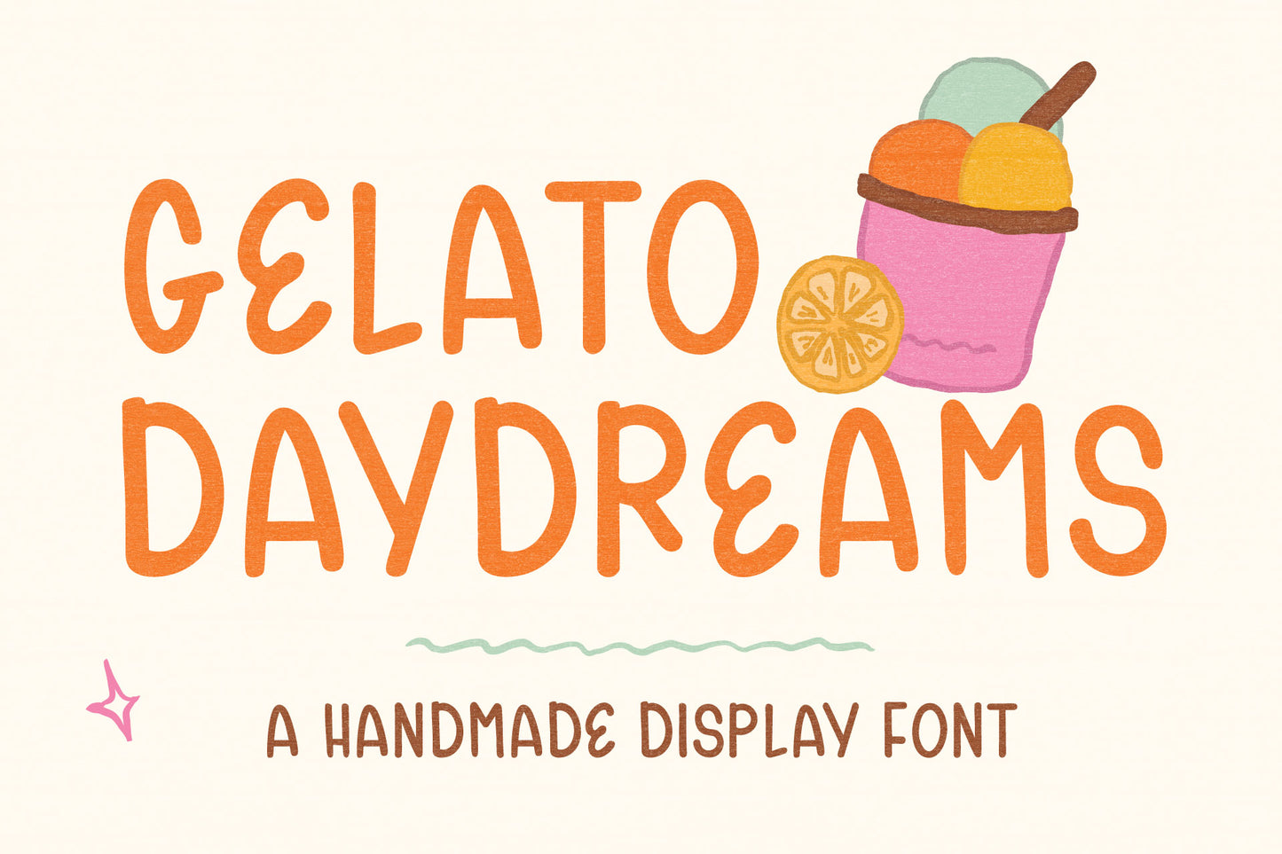 Gelato Daydreams handmade display font shown in bright orange lettering with a colorful gelato illustration, playful stars, and retro-inspired branding typography.