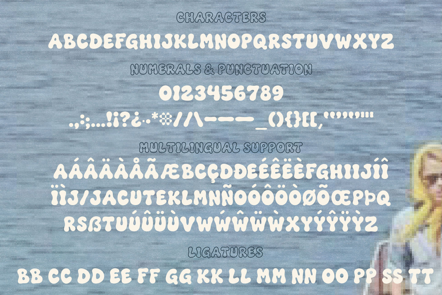 The Bubble Club character set preview showing uppercase letters, numerals, punctuation, accented characters, and multilingual support in a hand-drawn display font.