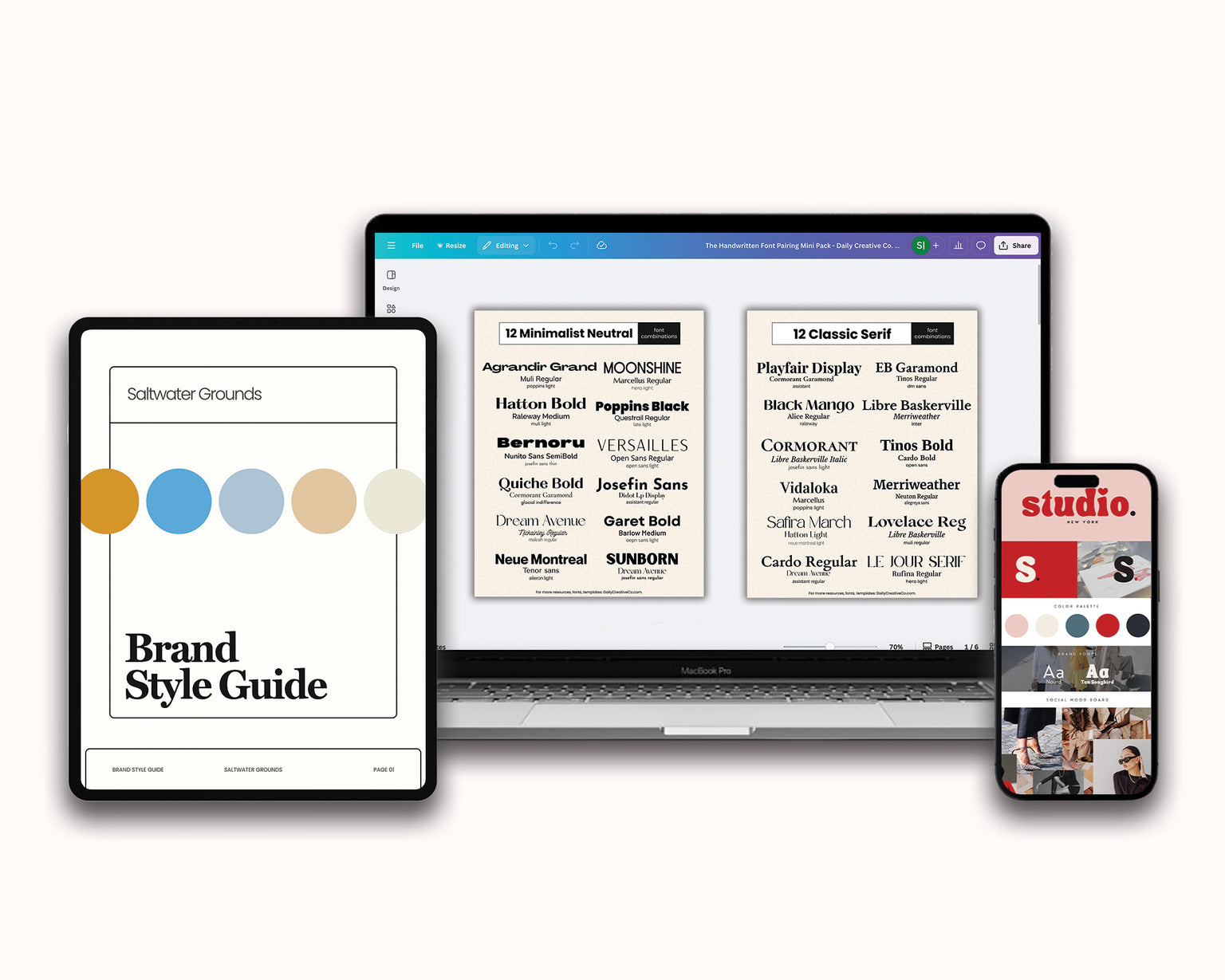 The Ultimate Canva Font and Branding Kit including 75+ curated font pairings, editable brand boards, Canva templates, and a style guide designed to help entrepreneurs build a consistent and professional brand identity.