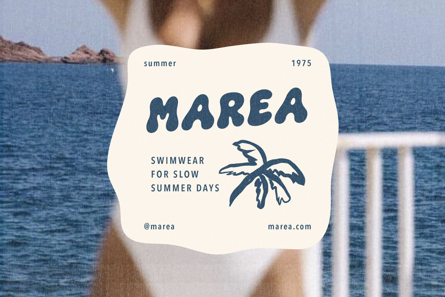 Marea summer fashion branding created with The Bubble Club hand-drawn display font on a white label with coastal photography and illustrated palm trees.