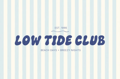 Low Tide Club coastal logo created with The Bubble Club hand-drawn display font in dark blue lettering over soft blue and cream vertical stripes.