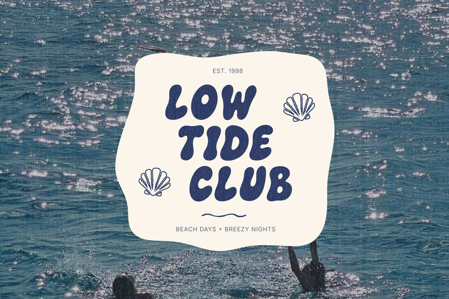 The Bubble Club bold display font used in a Low Tide Club beach logo with playful rounded lettering over a coastal ocean and swimmer photograph.